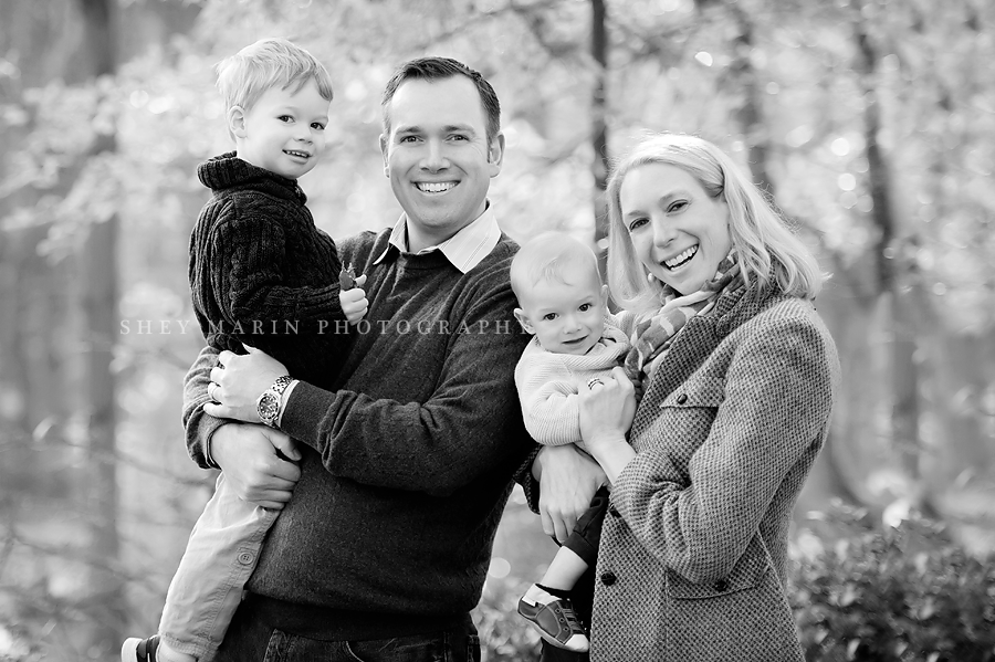 black and white photo of family in fall in Washington DC