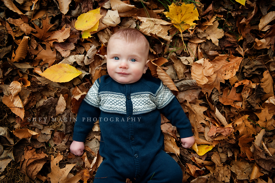 cute baby boy in fall leaves