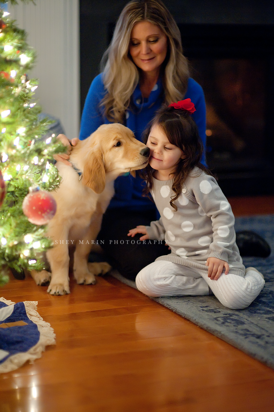 puppy kissing little girl and christmas tree