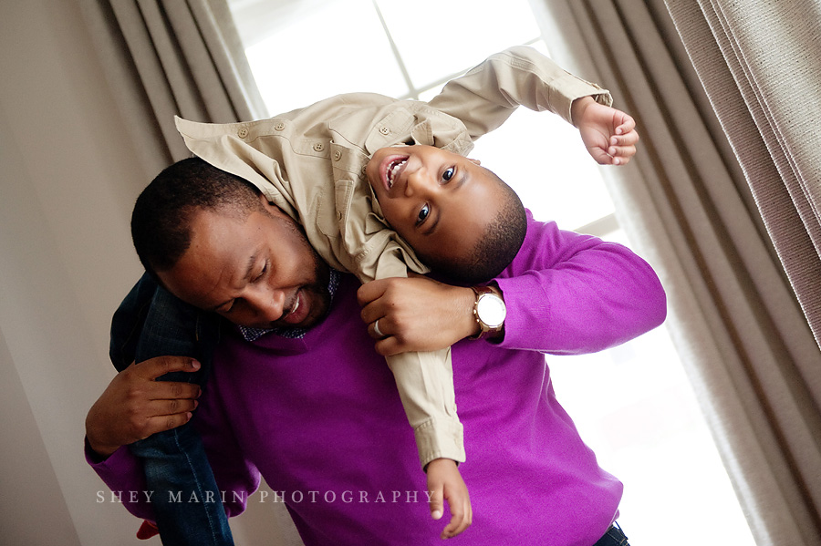 little boy playing with daddy in Clarksburg, Maryland