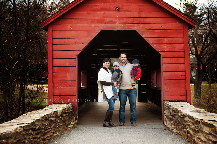 Frederick, Maryland covered footbridge with a family photo