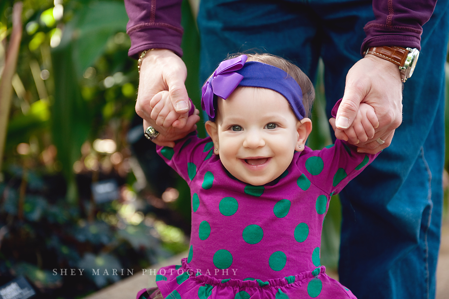baby girl in polka dots holding daddy's hands