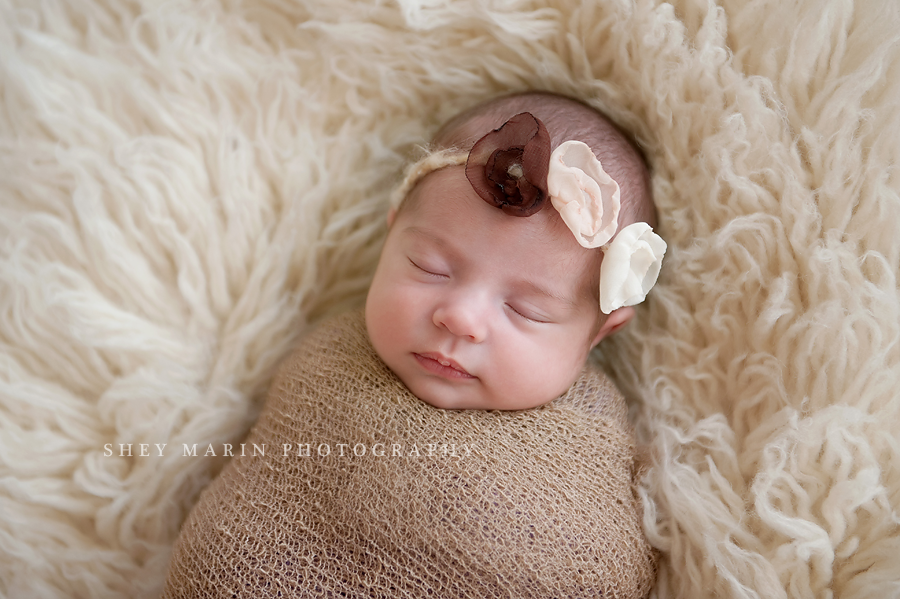 newborn baby girl wrapped in neutral colors