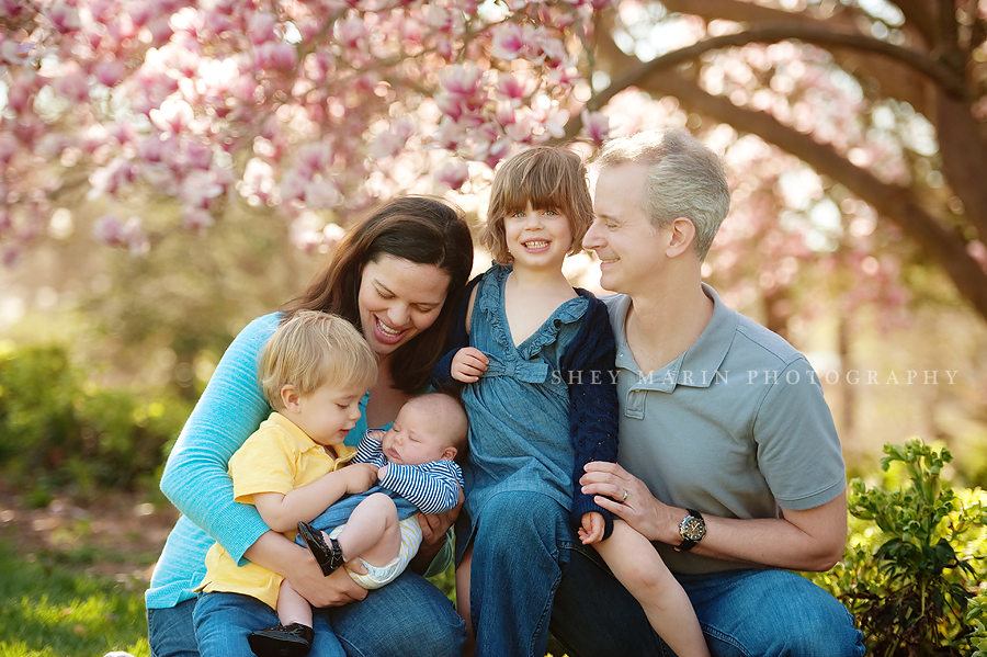 smiling family of 5 in magnolia blossoms