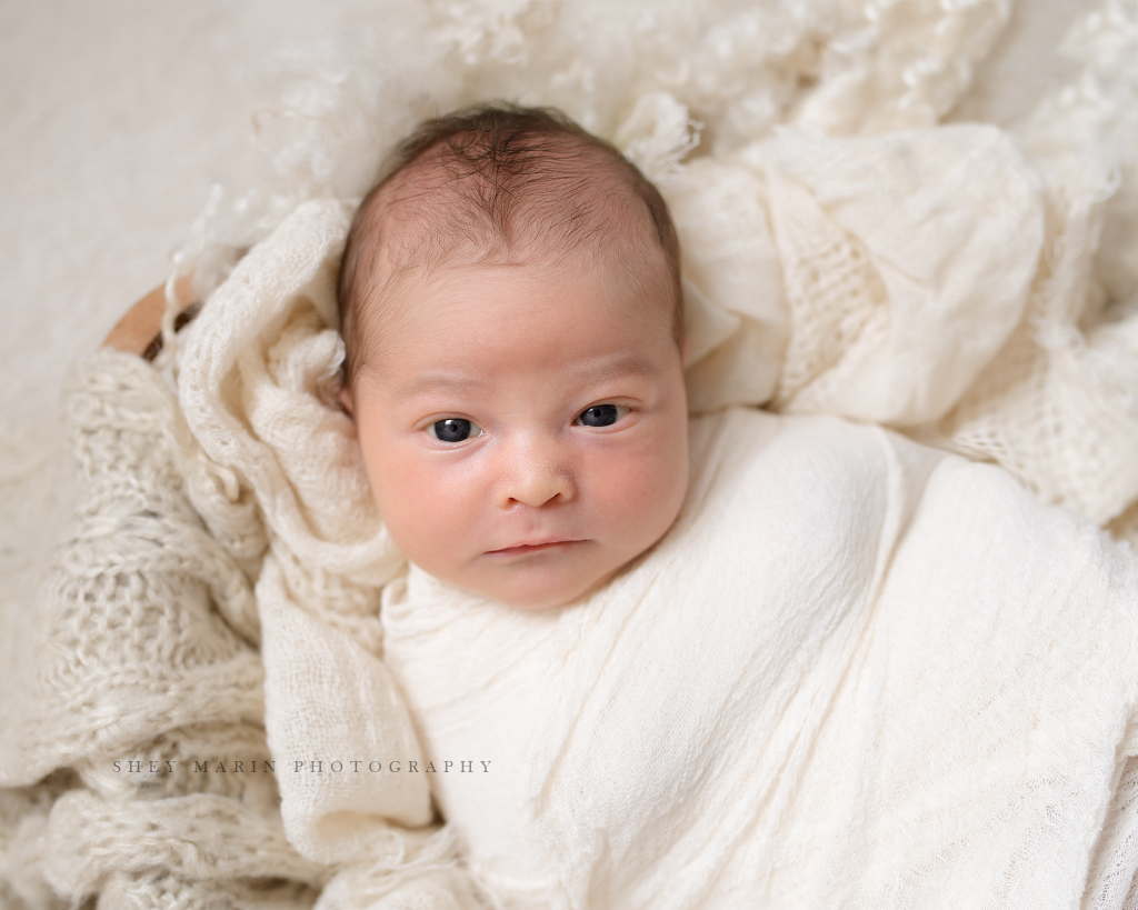 Frederick Maryland newborn baby photographer | nephew baby looking at camera