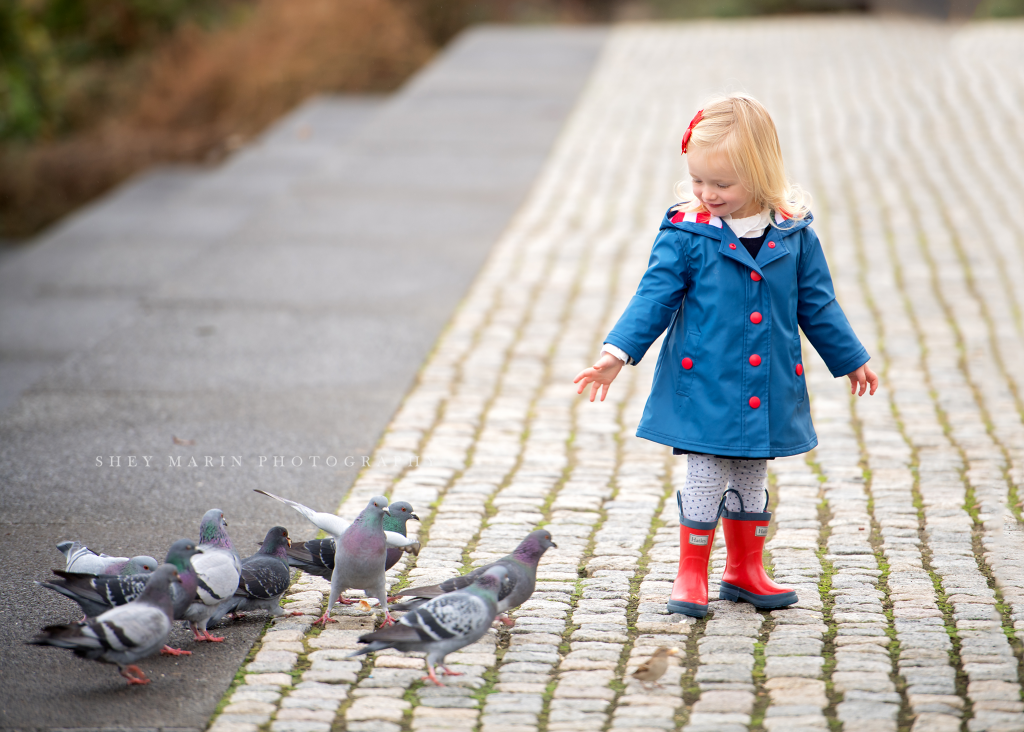 Georgetown waterfront girl and pigeons DC family photosession